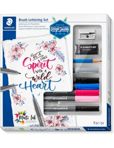 Staedtler Brush Lettering Design Journey Pack con 6 Rotuladores Pigment Art para Lettering en Colores Surtidos-Lapiz-Goma