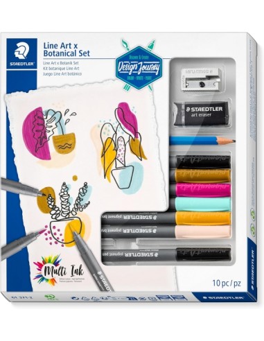 Staedtler Line Art & Botanical Set Design Journey Pack con 6 Rotuladores Pigment Art en Colores Surtidos-Lapiz-Goma de