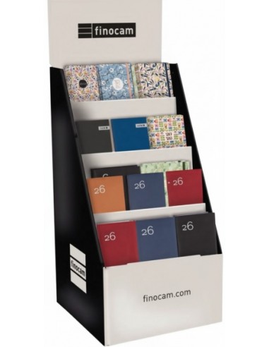 Finocam Expositor de Pie con 60 Agendas de Tapa Dura Surtidas - Anual 2026 - Estructura de Carton - Color Surtidos