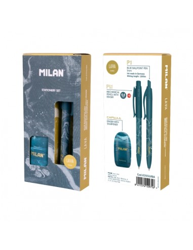 Milan Lava Pack de Boligrafo-Portaminas 0.5mm-Afilaborra - Caja de Regalo - Color Azul