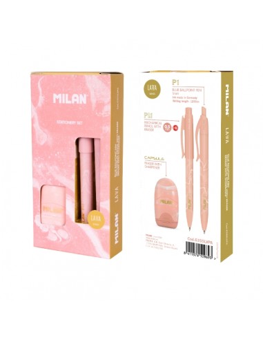 Milan Lava Pack de Boligrafo-Portaminas 0.5mm-Afilaborra - Caja de Regalo - Color Rosa