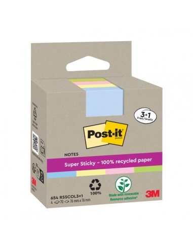 Post-It Super Sticky Pack de 4 Blocs de 70 Notas Adhesivas Recicladas - Forma Cuadrada - 76x76mm - Colores Surtidos