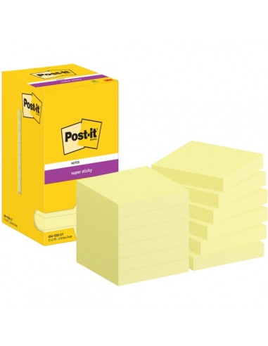 Post-It Super Sticky Pack de 12 Blocs de 90 Notas Adhesivas Reposicionables - 76x76mm - Paquete de Carton - Color Amarillo