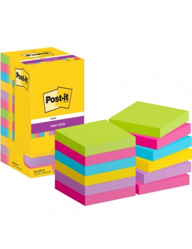 Post-It Super Sticky Pack de 12 Blocs de 90 Notas Adhesivas Reposicionables - Forma Cuadrada - 76x76mm - Colores Surtidos