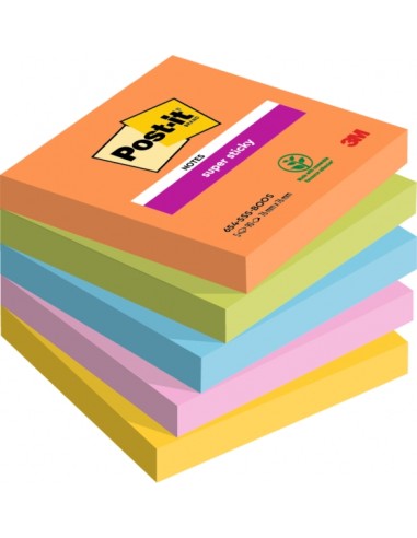 Post-It Super Sticky Pack de 5 Blocs de 90 Notas Adhesivas Reposicionables - Forma Cuadrada - 76x76mm - Colores Surtidos