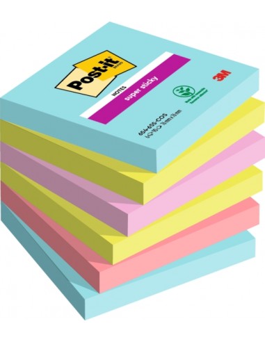 Post-It Super Sticky Pack de 6 Blocs de 90 Notas Adhesivas Reposicionables - Forma Cuadrada - 76x76mm - Colores Surtidos