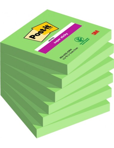Post-It Super Sticky Pack de 6 Blocs de 90 Notas Adhesivas Reposicionables - 76x76mm - 100-PEFC - Color Verde