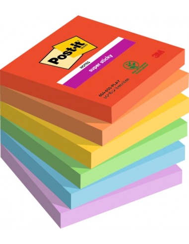 Post-It Super Sticky Pack de 6 Blocs de 90 Notas Adhesivas Reposicionables - Forma Cuadrada - 76x76mm - Colores Surtidos