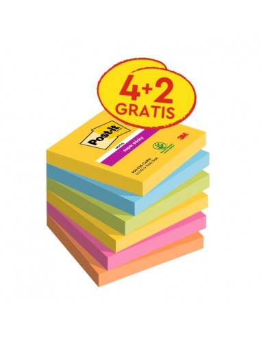 Post-It Super Sticky Pack de 6 Blocs de 90 Notas Adhesivas Reposicionables - Forma Cuadrada - 76x76mm - Colores Surtidos