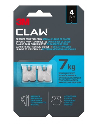 3M Claw Pack de 4 Ganchos de Metal para Paredes de Yeso - Soporta hasta 7kg - Color Gris Titanio
