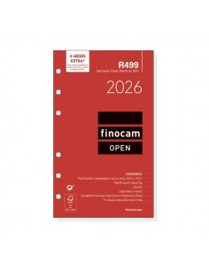 Finocam R499 Recambio Anual 2026 para Agendas Open 2026 - Formato 400 - 91x8x152mm - Semana Vista en Vertical - Color Blanco