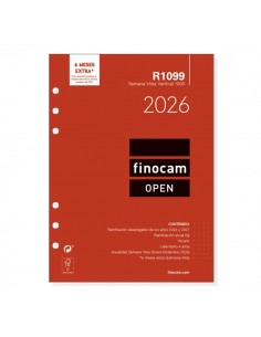 Finocam R1099 Recambio Anual 2026 para Agendas Open 2026 - Formato 1000 - 155x7x215mm - Semana Vista en Vertical - Color