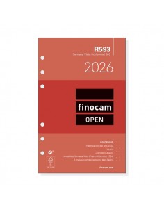Finocam R593 Recambio Anual 2026 para Agendas Open 2026 - Formato 500 - 117x6x181mm - Semana Vista Horizontal - Color Blanco