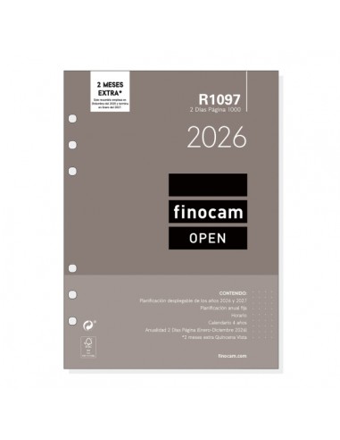 Finocam R1097 Recambio Anual 2026 para Agendas Open 2026 - Formato 1000 - 155x11x215mm - 2 Dias por Pagina - Color Blanco