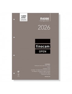 Finocam R4098 Recambio Anual 2026 para Agendas Open 2026 - Formato A4 - 210x17x297mm - 1 Dia por Pagina - Color Blanco