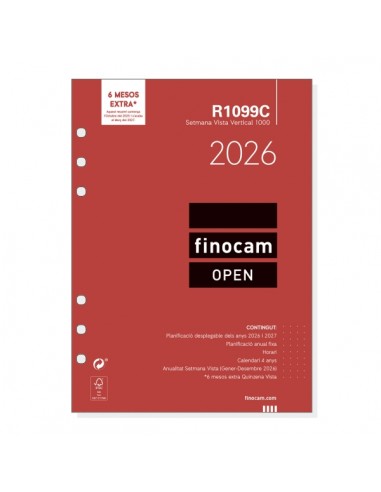 Finocam R1099C Recambio Anual 2026 para Agendas Open 2026 en Catalan - Formato 1000 - 155x7x215mm - Semana Vista en Vertical