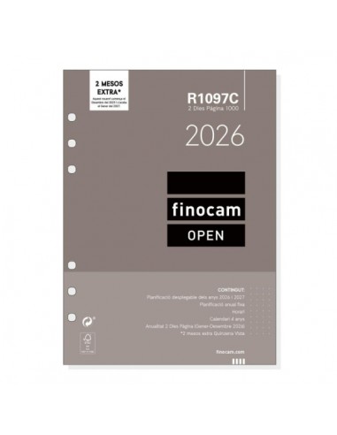 Finocam R1097C Recambio para Agendas Open en Catalan - Anual 2026 - Formato 1000 - 155x11x215mm - 2 Dias por Pagina - Color