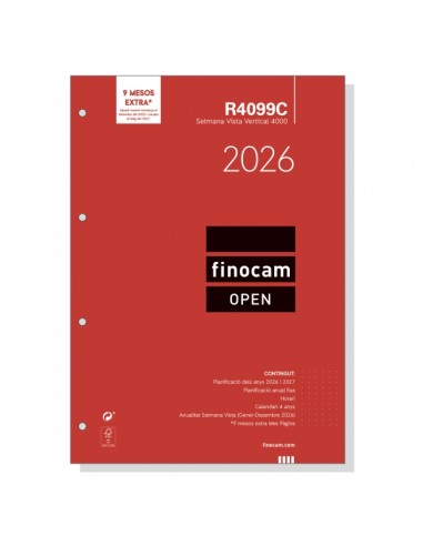 Finocam R4099C Recambio Anual 2026 para Agendas Open 2026 en Catalan - Formato A4 - 210x6x297mm - Semana Vista en Vertical -