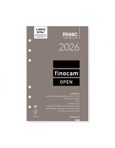 Finocam R598C Recambio Anual 2026 para Agendas Open 2026 en Catalan - Formato 500 - 117x16x181mm - 1 Dia por Pagina - Color