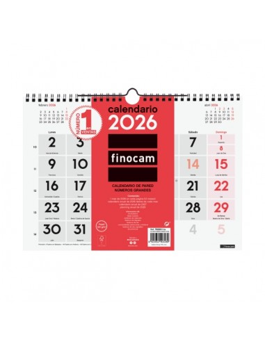 Finocam Calendario de Pared - Anual 2026 - Formato M - 300x5x220mm - Numeros Grandes - Color Blanco y Rojo