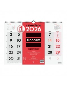Finocam Calendario de Pared - Anual 2026 - 430x5x320mm - Numeros Grandes - Color Blanco y Rojo