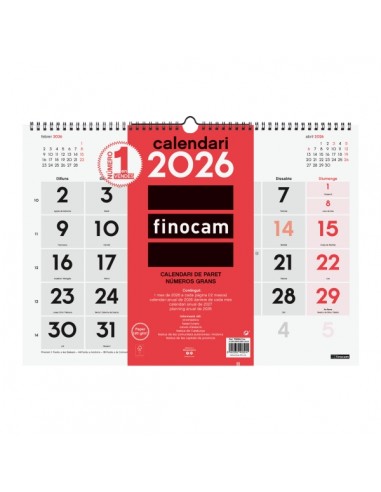 Finocam Calendario de Pared en Catalan - Anual 2026 - 430x5x320mm - Numeros Grandes - Color Blanco y Rojo