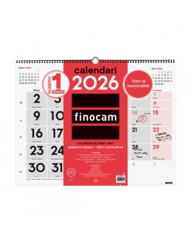 Finocam Calendario de Pared en Catalan - Anual 2026 - Espacio para Escribir - Formato XL - 540x5x430mm - Numeros Grandes -