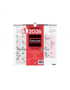 Finocam Calendario de Pared - Anual 2026 - Formato M - 265x5x255mm - Espacio para Escribir - Color Blanco y Rojo