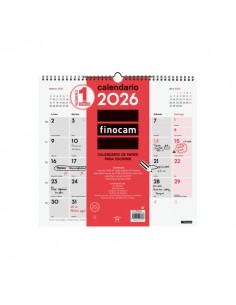 Finocam Calendario de Pared - Anual 2026 - 340x5x330mm - Espacio para Escribir - Color Blanco y Rojo
