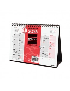 Finocam Calendario de Sobremesa - Anual 2026 - 210x70x155mm - Espacio para Escribir - Color Blanco y Rojo