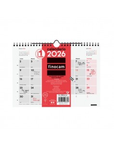Finocam Calendario de Pared - Anual 2026 - 210x5x160mm - Espacio para Escribir - Color Blanco y Rojo