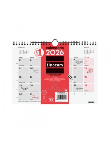Finocam Calendario de Pared - Anual 2026 - 210x5x160mm - Espacio para Escribir - Color Blanco y Rojo