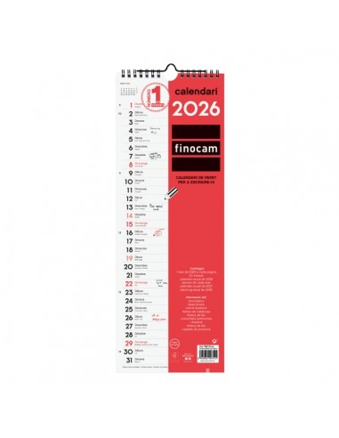 Finocam Calendario de Pared en Catalan - Anual 2026 - 155x5x440mm - Espacio para Escribir - Color Blanco y Rojo