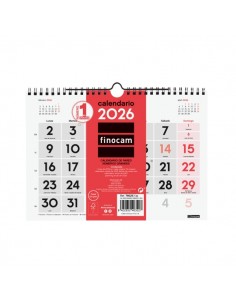 Finocam Calendario de Pared - Anual 2026 - 210x5x155mm - Numeros Grandes - Color Blanco y Rojo