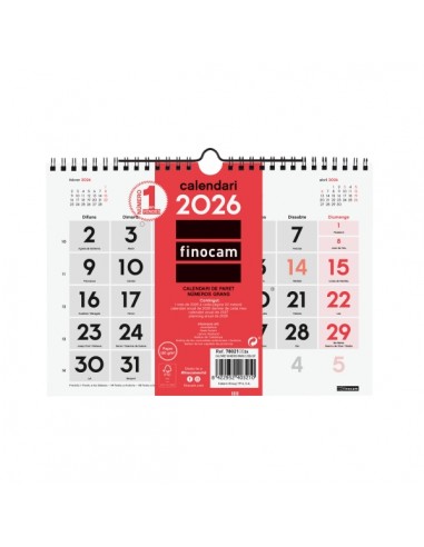Finocam Calendario de Pared en Catalan - Anual 2026 - 210x5x155mm - Numeros Grandes - Color Blanco y Rojo