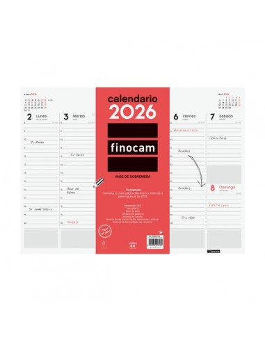 Finocam Vade Protector de Escritorio - Anual 2026 - Encolado - 420x7x310mm - Semana Vista en Vertical - Color Blanco y Rojo