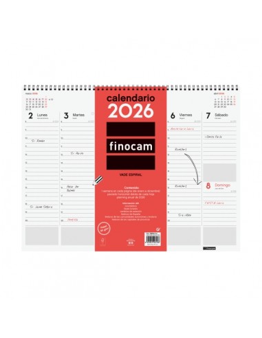 Finocam Vade Calendario de Sobremesa - Anual 2026 - con Espiral - 420x8x320mm - Semana Vista en Vertical - Color Blanco y Rojo