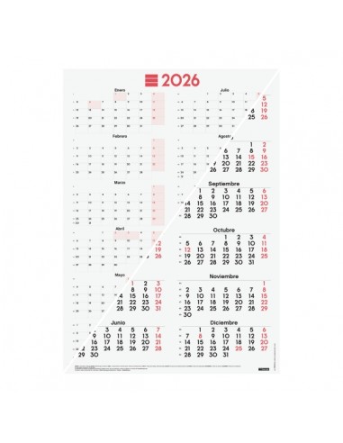Finocam Poster Calendario Tipo Poster - Anual 2026 - Espacio para Escribir - 485x680mm - Numeros Grandes - Color Blanco y Rojo