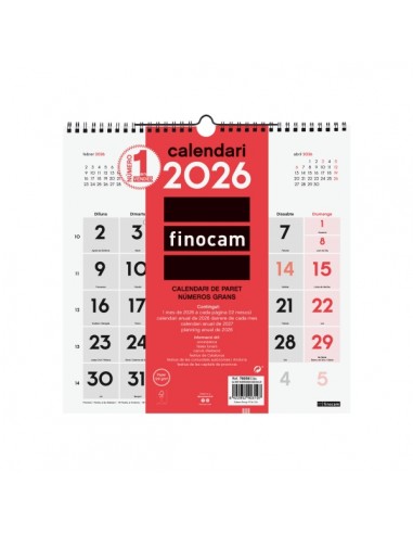 Finocam Calendario de Pared en Catalan - Anual 2026 - 300x5x310mm - Numeros Grandes - Color Blanco y Rojo