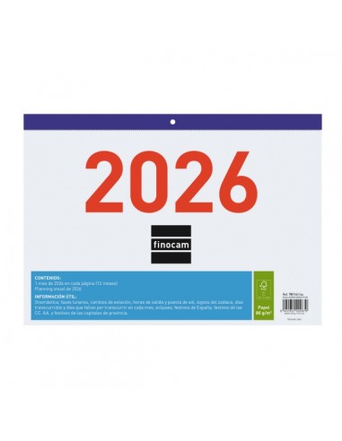 Finocam Calendario Faldilla - Anual 2026 - Formato F93 - 300x3x210mm - Numeros Grandes - Color Blanco y Azul