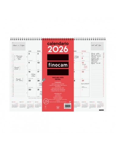 Finocam Vade Calendario de Sobremesa - Anual 2026 - con Espiral - 420x8x320mm - Mes Vista - Color Blanco y Rojo