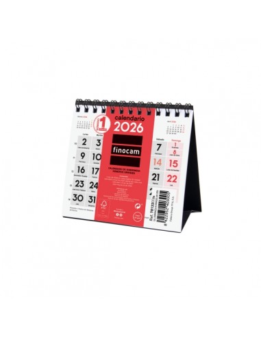 Finocam Calendario de Sobremesa - Anual 2026 - 110x40x140mm - Numeros Grandes - Color Blanco y Rojo