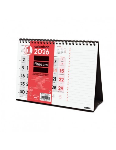 Finocam Calendario de Sobremesa - Anual 2026 - Espacio para Notas - 210x70x160mm - Numeros Grandes - Color Blanco y Rojo