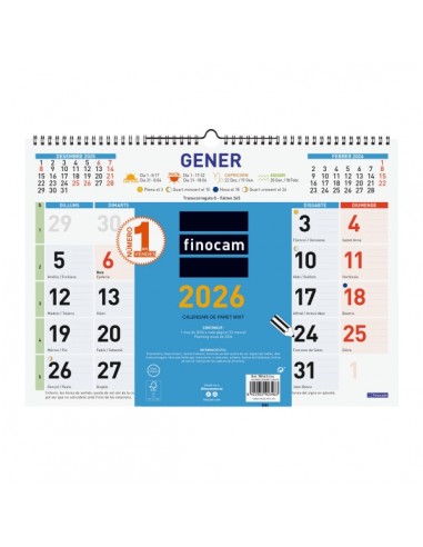 Finocam Calendario de Pared en Catalan - Anual 2026 - Espacio para Escribir - Formato L - 430x10x310mm - Numeros Grandes -