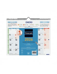 Finocam Calendario de Pared - Anual 2026 - Formato M - 300x10x255mm - Espacio para Escribir - Color Azul y Blanco