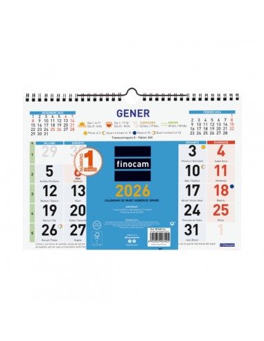Finocam Calendario de Pared en Catalan - Anual 2026 - Formato M - 300x10x220mm - Numeros Grandes - Color Azul y Blanco