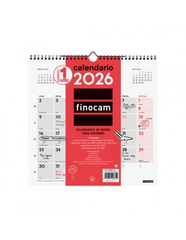 Finocam Calendario de Pared - Anual 2026 - 300x5x310mm - Espacio para Escribir - Color Blanco y Rojo
