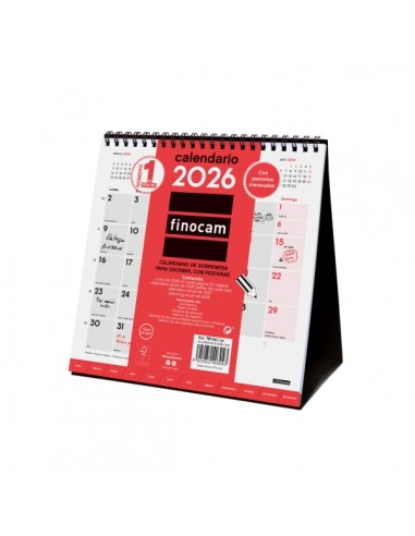 Finocam Calendario de Sobremesa - Anual 2026 - Meses en Solapa - 190x70x205mm - Espacio para Escribir - Color Blanco y Rojo