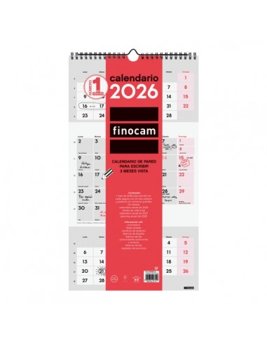 Finocam Calendario de Pared - Anual 2026 - Espacio para Escribir - 236x8x440mm - 3 Meses Vista - Color Blanco y Rojo