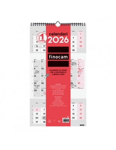 Finocam Calendario de Pared en Catalan - Anual 2026 - Espacio para Escribir - 236x8x440mm - 3 Meses Vista - Color Blanco y